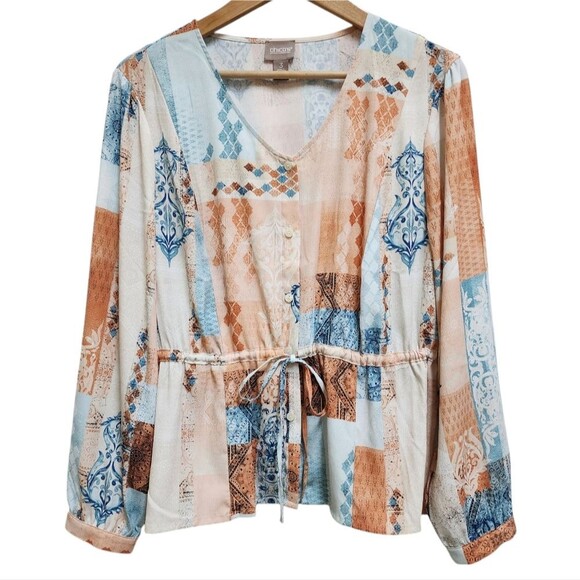 Chico's Blouse Womens XL Mixed Pattern V Neck Long Sleeve Drawstring Waist Boho - Picture 1 of 10